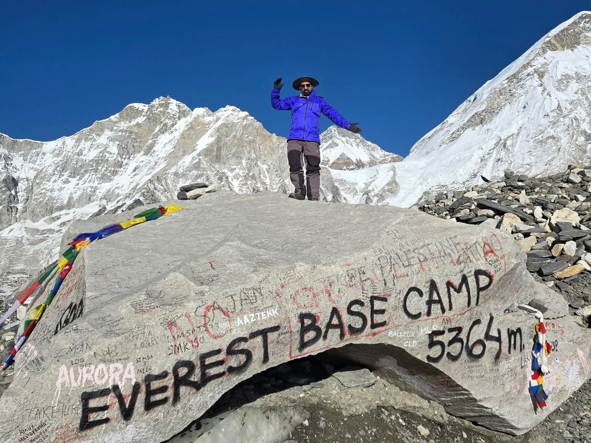 Sham Kamboj on the rock at Everest Base Camp, 5,364 m, 2025